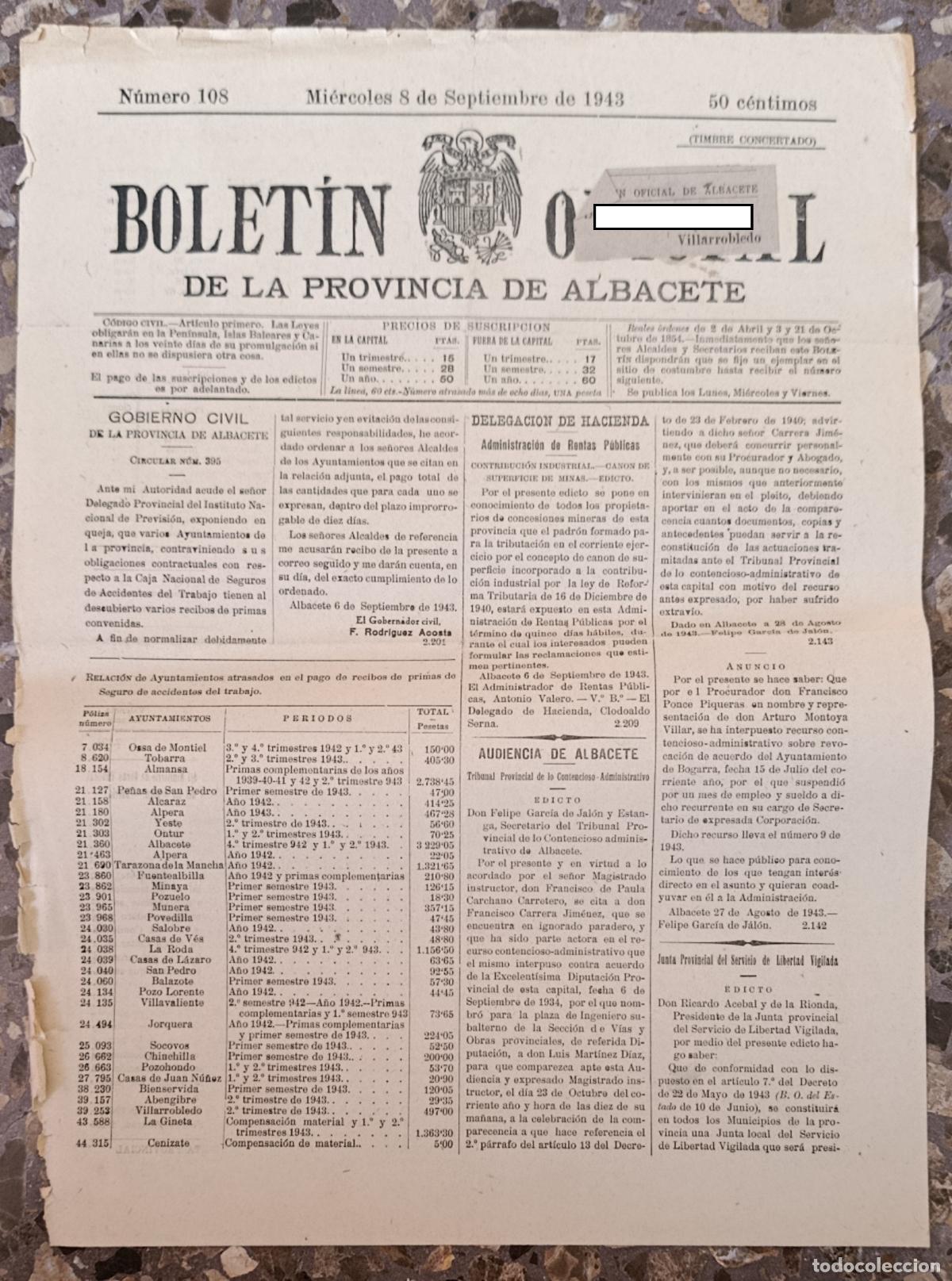 Coleccionismo de Revistas y Peri&oacute;dicos: BOLET&Iacute;N OFICIAL DE LA PROVINCIA DE ALBACETE. N&ordm; 108 8 SEPTIEMBRE 1943