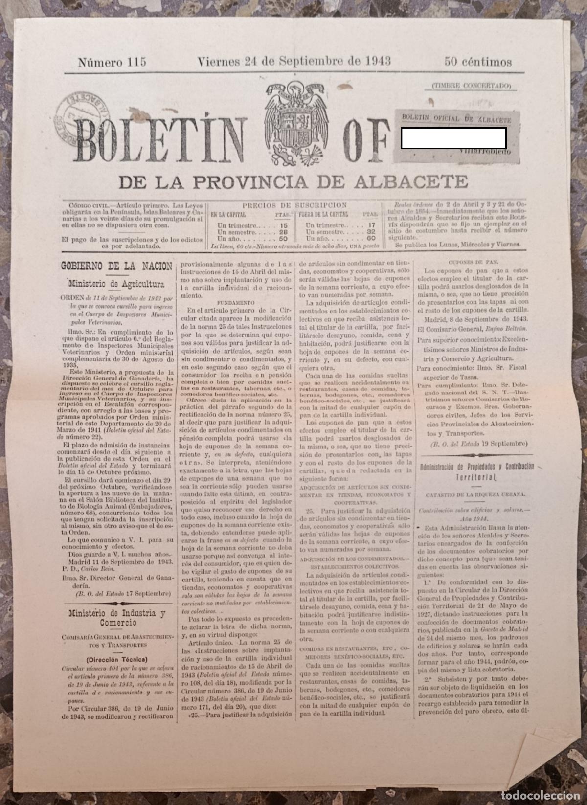 Coleccionismo de Revistas y Peri&oacute;dicos: BOLET&Iacute;N OFICIAL DE LA PROVINCIA DE ALBACETE. N&ordm; 115 24 SEPTIEMBRE 1943