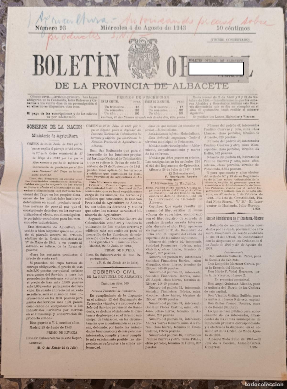 Coleccionismo de Revistas y Peri&oacute;dicos: BOLET&Iacute;N OFICIAL DE LA PROVINCIA DE ALBACETE. N&ordm; 93 4 AGOSTO 1943