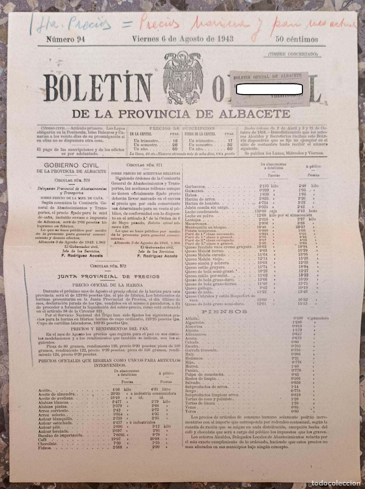 Coleccionismo de Revistas y Peri&oacute;dicos: BOLET&Iacute;N OFICIAL DE LA PROVINCIA DE ALBACETE. N&ordm; 94 6 AGOSTO 1943
