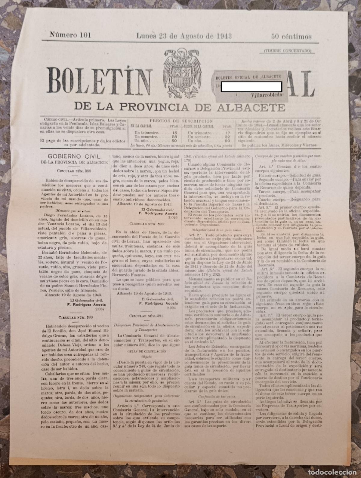 Collezionismo di Riviste e Giornali: BOLET&Iacute;N OFICIAL DE LA PROVINCIA DE ALBACETE. N&ordm; 101 23 AGOSTO 1943