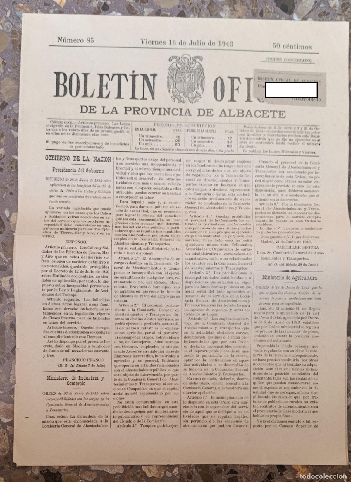 Coleccionismo de Revistas y Peri&oacute;dicos: BOLET&Iacute;N OFICIAL DE LA PROVINCIA DE ALBACETE. N&ordm; 85 16 JULIO 1943