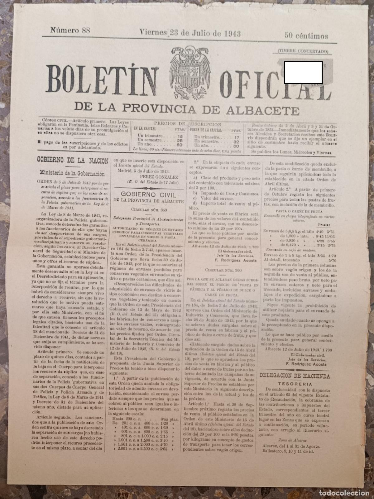 Coleccionismo de Revistas y Peri&oacute;dicos: BOLET&Iacute;N OFICIAL DE LA PROVINCIA DE ALBACETE. N&ordm; 88 23 JULIO 1943