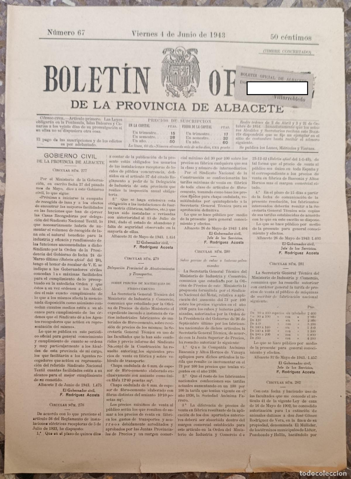 Coleccionismo de Revistas y Peri&oacute;dicos: BOLET&Iacute;N OFICIAL DE LA PROVINCIA DE ALBACETE. N&ordm; 67 4 JUNIO 1943