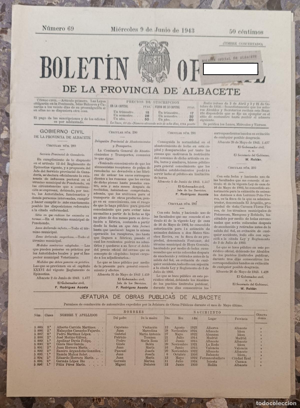 Coleccionismo de Revistas y Peri&oacute;dicos: BOLET&Iacute;N OFICIAL DE LA PROVINCIA DE ALBACETE. N&ordm; 69 9 JUNIO 1943