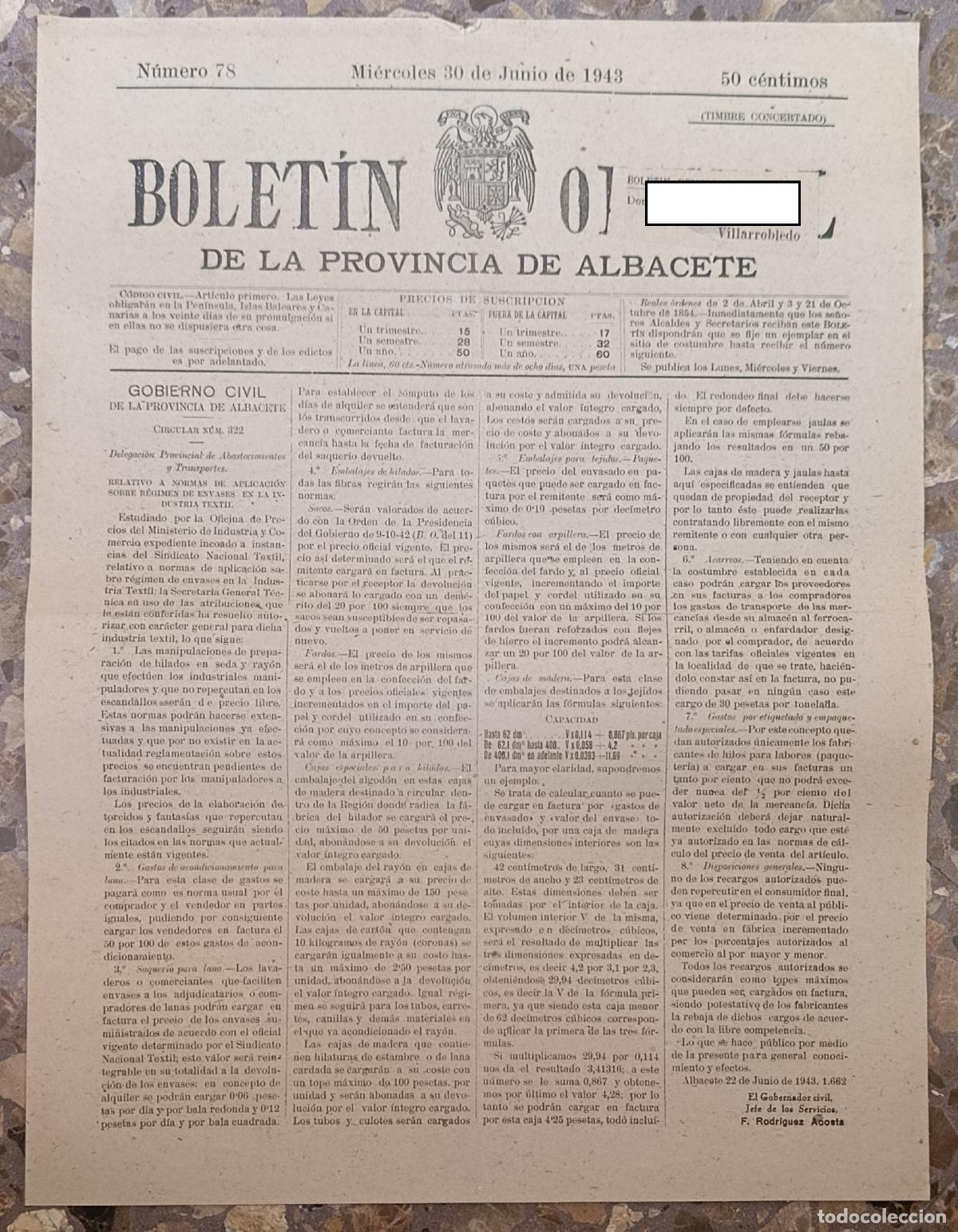 Sammeln von Zeitschriften und Zeitungen: BOLET&Iacute;N OFICIAL DE LA PROVINCIA DE ALBACETE. N&ordm; 78 30 JUNIO 1943