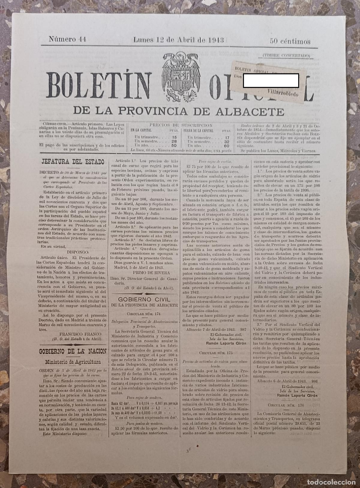 Collection Magazines and Newspapers: BOLET&Iacute;N OFICIAL DE LA PROVINCIA DE ALBACETE. N&ordm; 44 12 ABRIL 1943