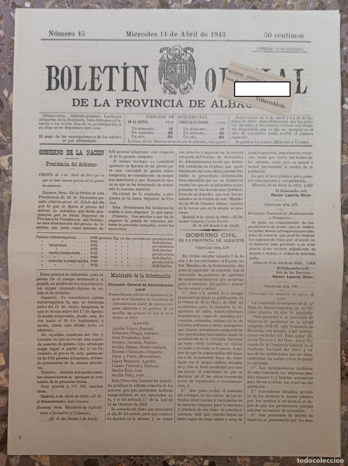 Collection Magazines and Newspapers: BOLET&Iacute;N OFICIAL DE LA PROVINCIA DE ALBACETE. N&ordm; 45 14 ABRIL 1943