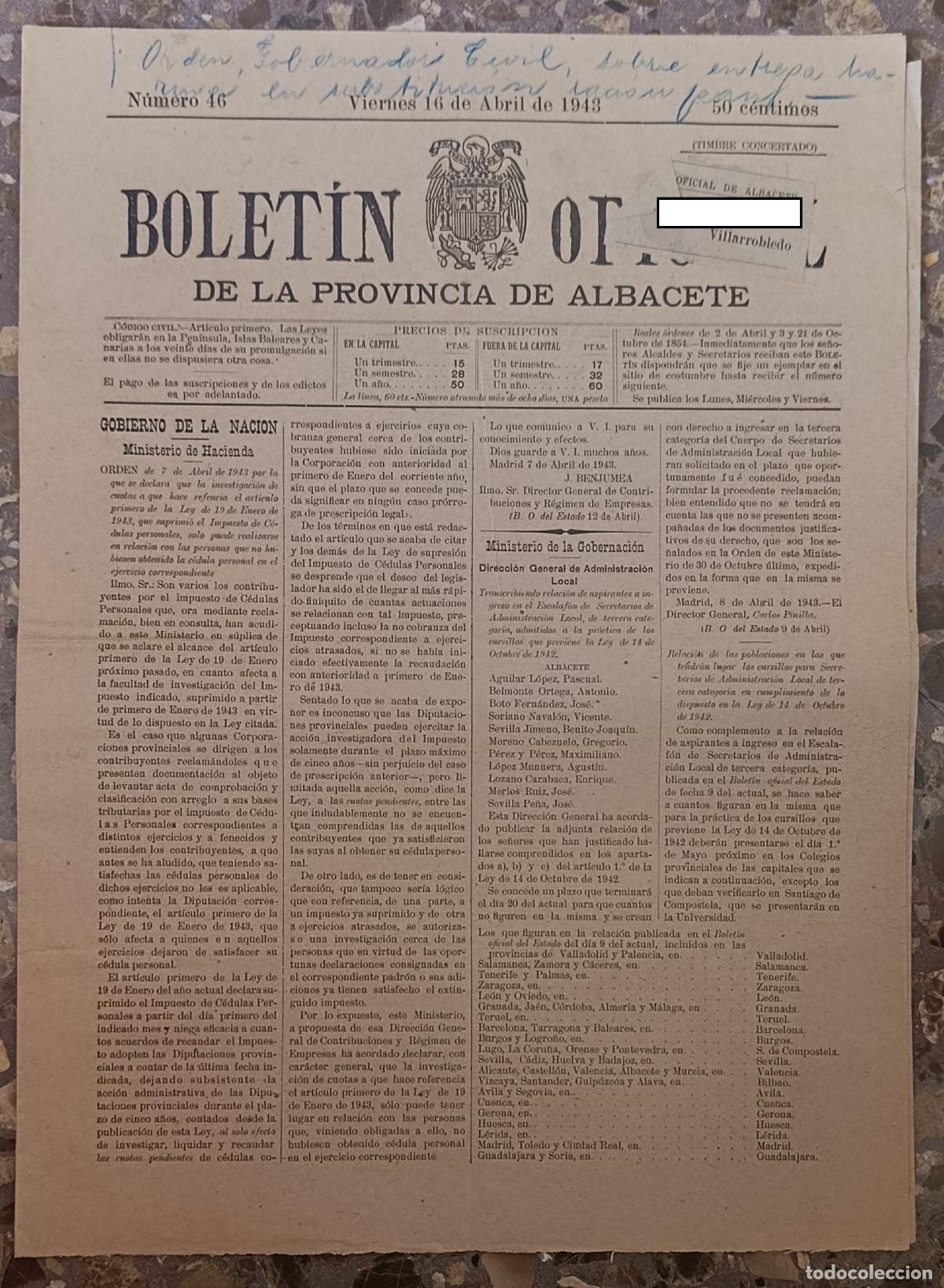 Collection Magazines and Newspapers: BOLET&Iacute;N OFICIAL DE LA PROVINCIA DE ALBACETE. N&ordm; 46 16 ABRIL 1943
