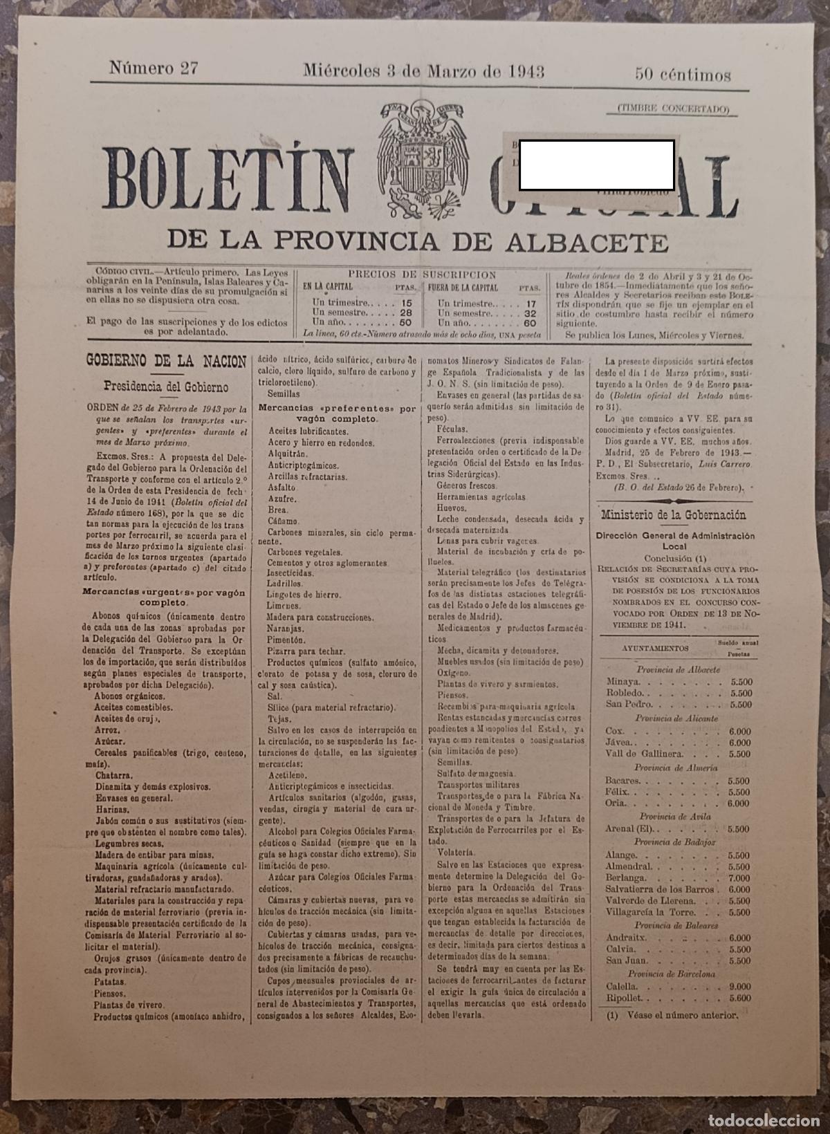 Coleccionismo de Revistas y Peri&oacute;dicos: BOLET&Iacute;N OFICIAL DE LA PROVINCIA DE ALBACETE. N&ordm; 27 3 MARZO 1943