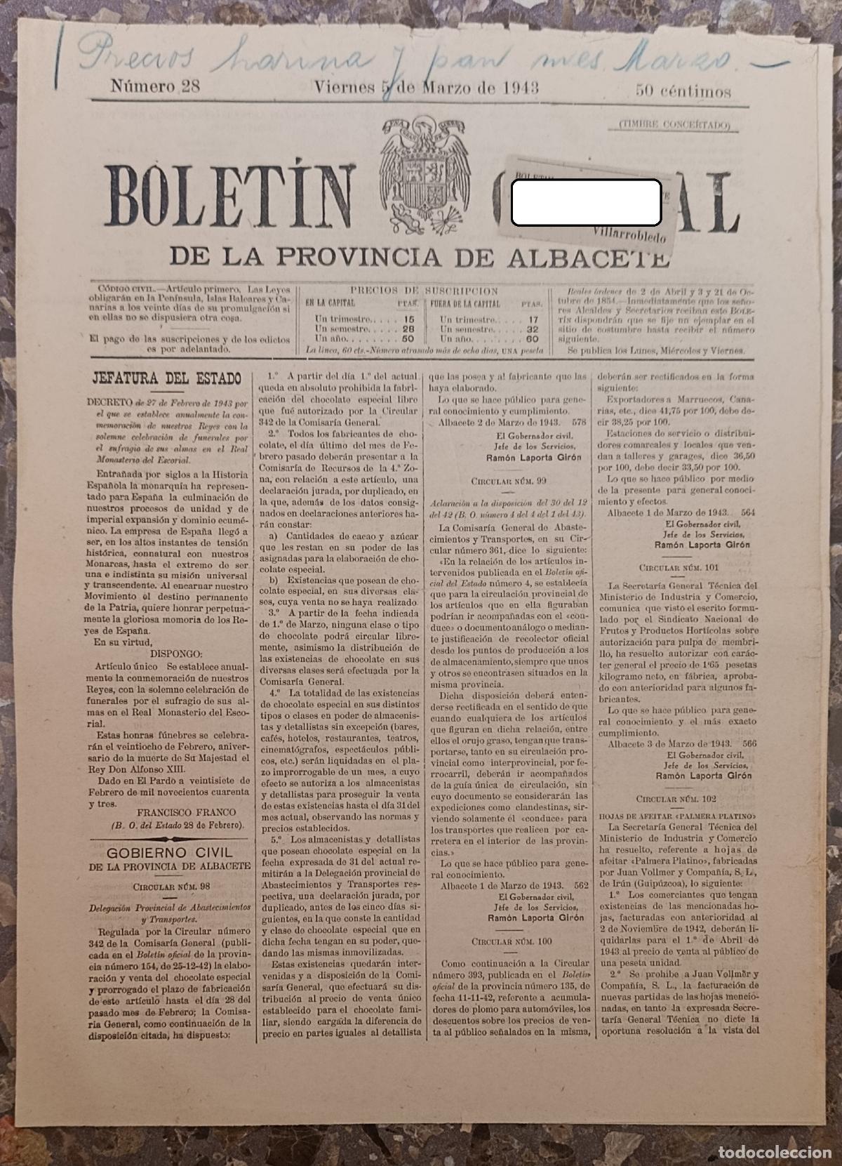 Coleccionismo de Revistas y Peri&oacute;dicos: BOLET&Iacute;N OFICIAL DE LA PROVINCIA DE ALBACETE. N&ordm; 28 5 MARZO 1943