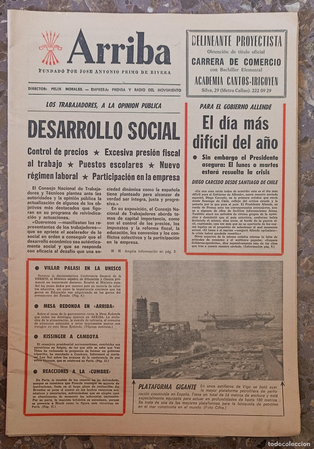 Coleccionismo de Revistas y Peri&oacute;dicos: PERIODICO ARRIBA. FUNDADO POR JOSE ANTONIO PRIMO DE RIVERA. 22 OCTUBRE 1972