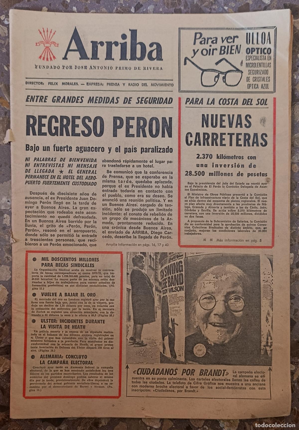 Coleccionismo de Revistas y Peri&oacute;dicos: PERIODICO ARRIBA. FUNDADO POR JOSE ANTONIO PRIMO DE RIVERA. 18 NOVIEMBRE 1972