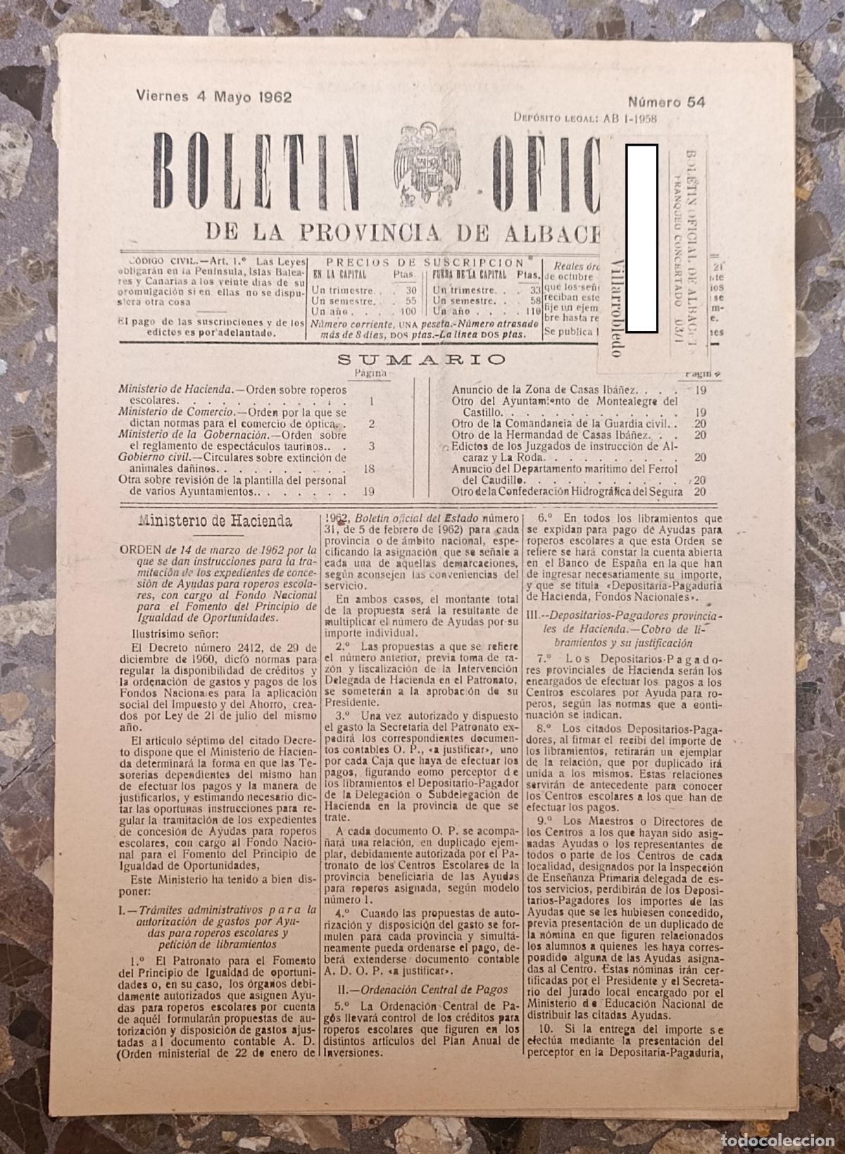 Coleccionismo de Revistas y Peri&oacute;dicos: BOLET&Iacute;N OFICIAL DE LA PROVINCIA DE ALBACETE. N&ordm; 54, 4 MAYO 1962