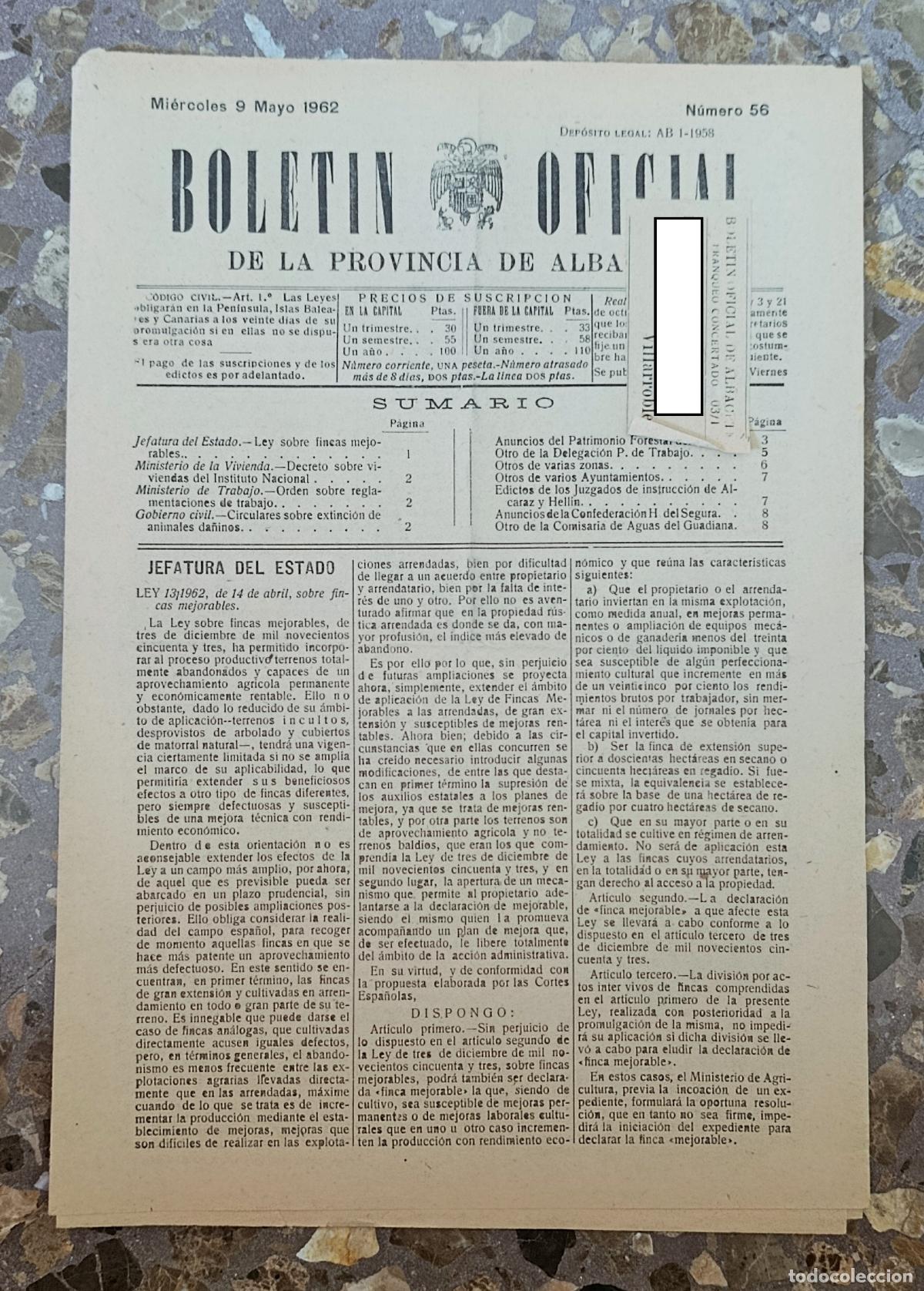 Coleccionismo de Revistas y Peri&oacute;dicos: BOLET&Iacute;N OFICIAL DE LA PROVINCIA DE ALBACETE. N&ordm; 56, 9 MAYO 1962