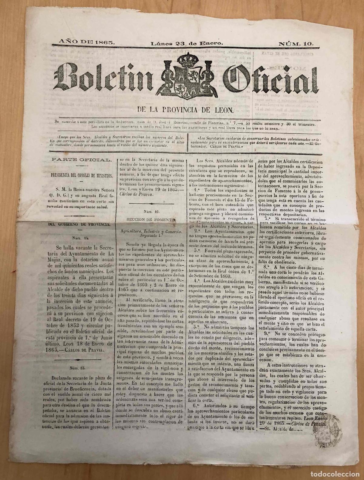 Collezionismo di Riviste e Giornali: BOLETIN OFICIAL DE LA PROVINCIA DE LEON. N&ordm; 10, 23 DE ENERO DE 1865