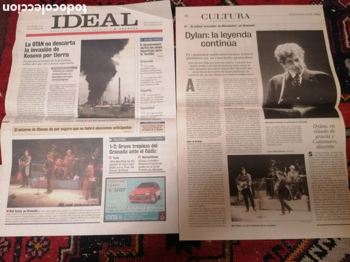 Coleccionismo de Revistas y Peri&oacute;dicos: Recortes Originales Prensa Concierto Bob Dylan Granada Abril 1999. Leer