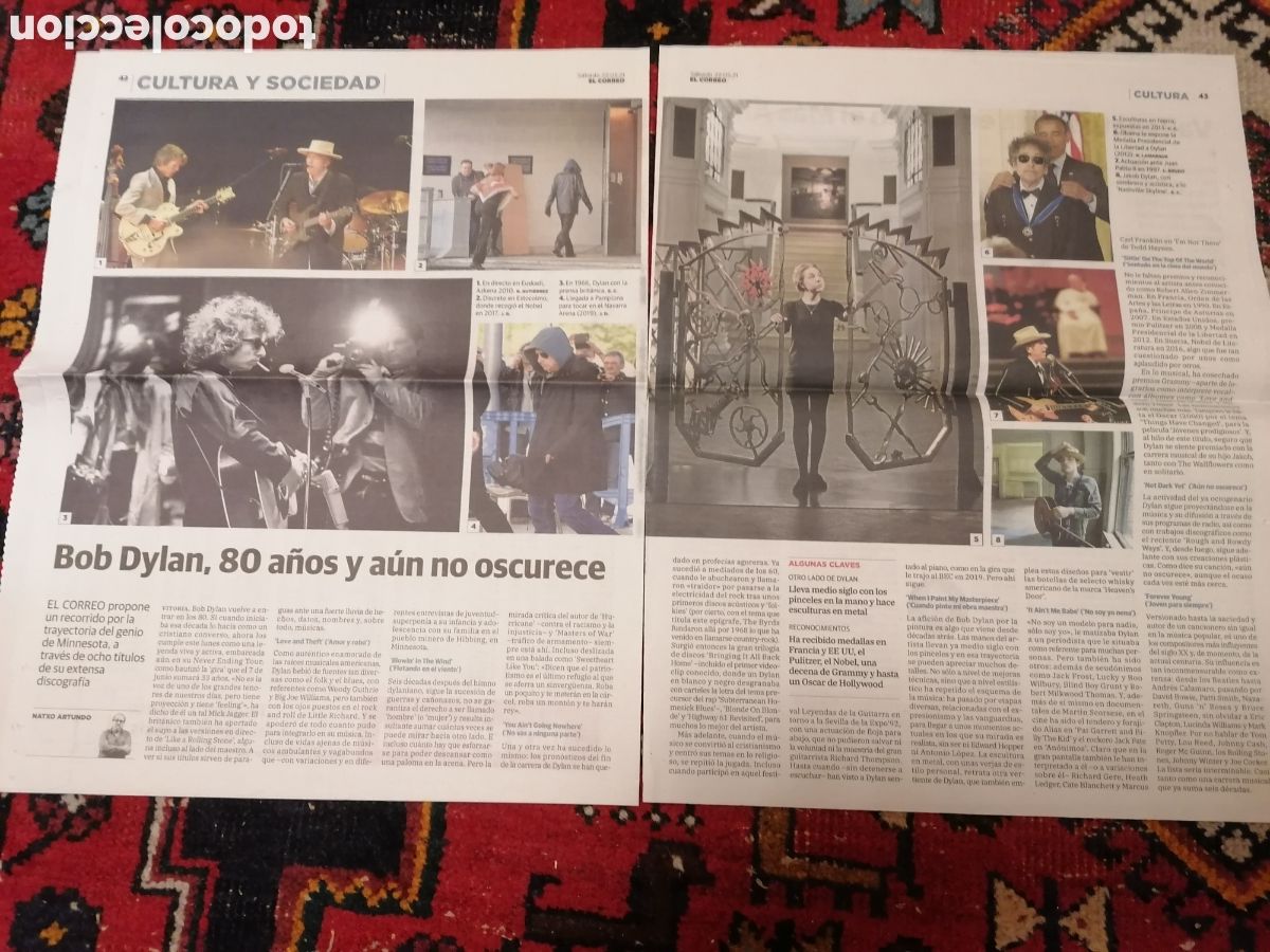 Coleccionismo de Revistas y Peri&oacute;dicos: P&aacute;ginas Originales Diario El Correo Bilbao Bob Dylan 80 A&ntilde;os. Mayo 2021.Leer