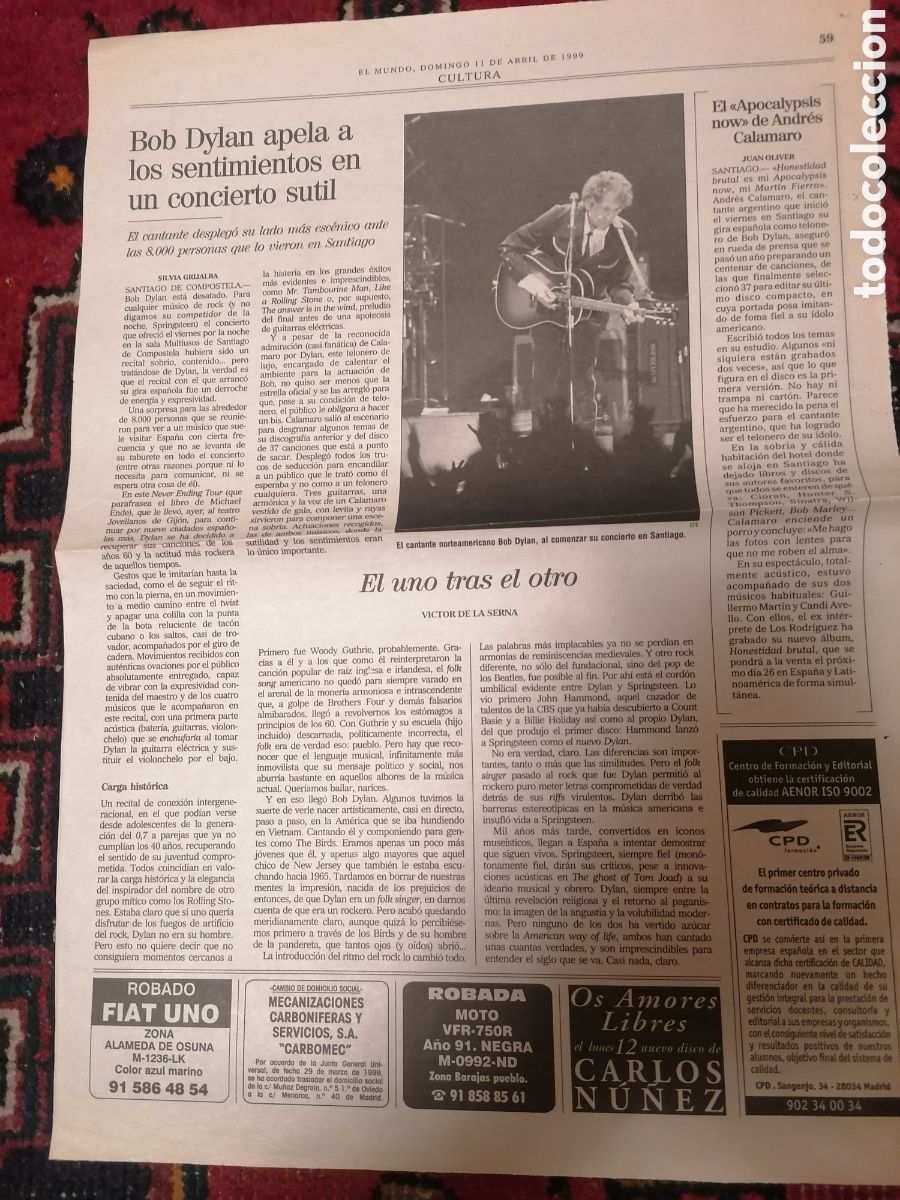 Collection Magazines and Newspapers: P&aacute;gina Diario El Mundo Concierto Bob Dylan Santiago De Compostela, Espa&ntilde;a, Abril 1999