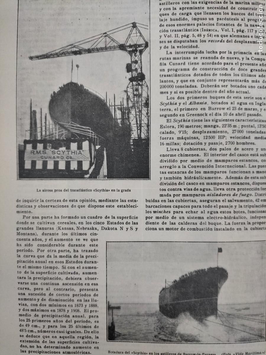 Coleccionismo de Revistas y Peri&oacute;dicos: TRASATLANTICO SCYTHIA BOTADURA TIMON HELICES CUHARD LINE REVISTA A&Ntilde;O 1920