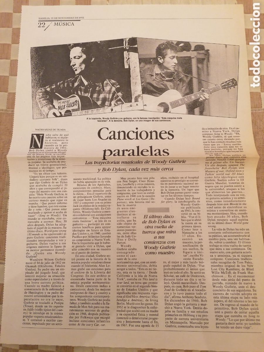 Coleccionismo de Revistas y Peri&oacute;dicos: P&aacute;gina Original Diario El Pa&iacute;s, Espa&ntilde;a. Woody Guthrie, Bob Dylan.Canciones Paralelas.13/11/93