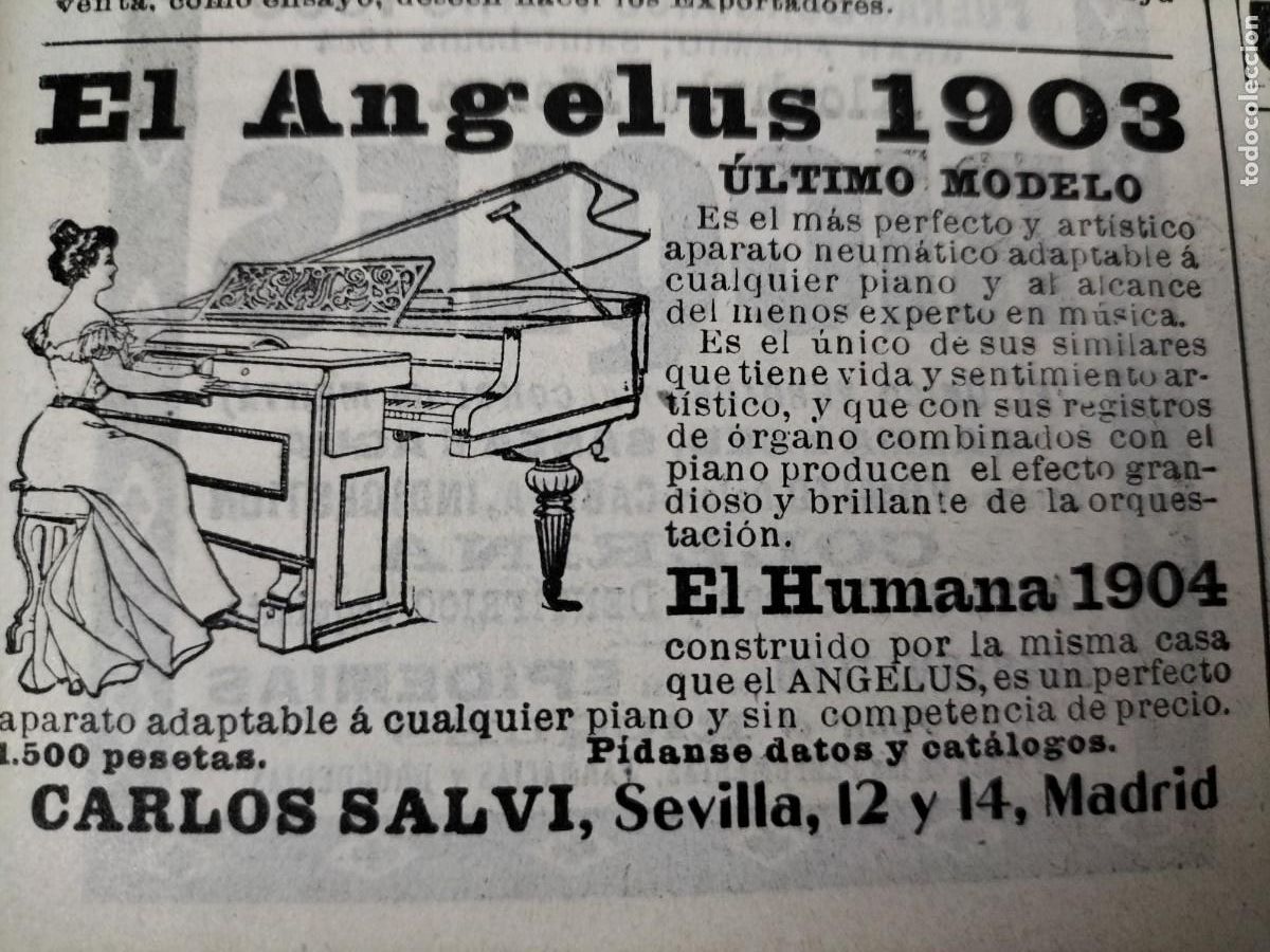 Coleccionismo de Revistas y Peri&oacute;dicos: APARATO NEUMATICO ANGELUS 1903 PIANO CARLOS SALVI MADRID HOJA REVISTA A&Ntilde;O 1905