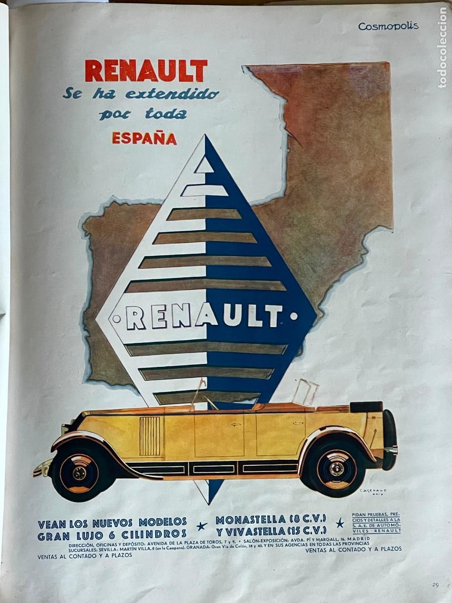 Collezionismo di Riviste e Giornali: Publicidad RENAULT / dibujo de Casenave - 1929 * COSM&Oacute;POLIS *