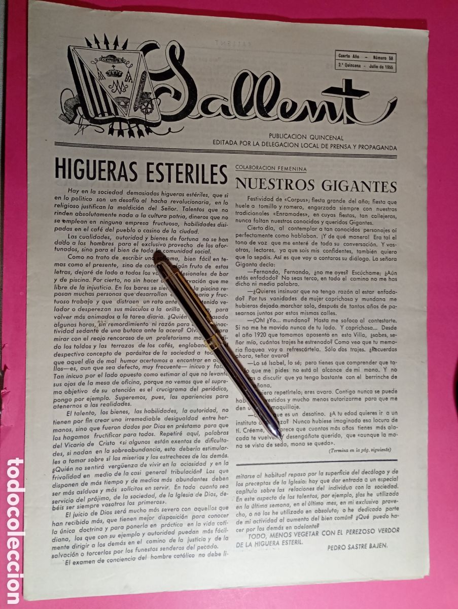 Coleccionismo de Revistas y Peri&oacute;dicos: SALLENT 1955/7 2&ordf; QUINCENA PUBLICACI&Oacute;N QUINCENAL ED. DELEGACI&Oacute;N LOCAL DE PRENSA Y PROPAGANDA
