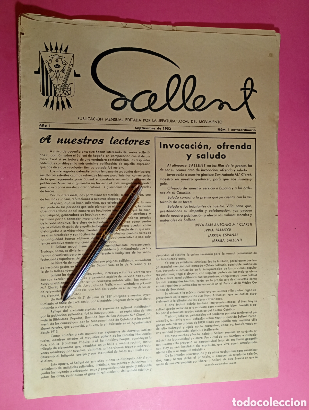 Coleccionismo de Revistas y Peri&oacute;dicos: SALLENT 1952/9 N&Uacute;MERO 1 PUBLICACI&Oacute;N MENSUAL EDITADA POR LA JEFATURA LOCAL DEL MOVIMIENTO