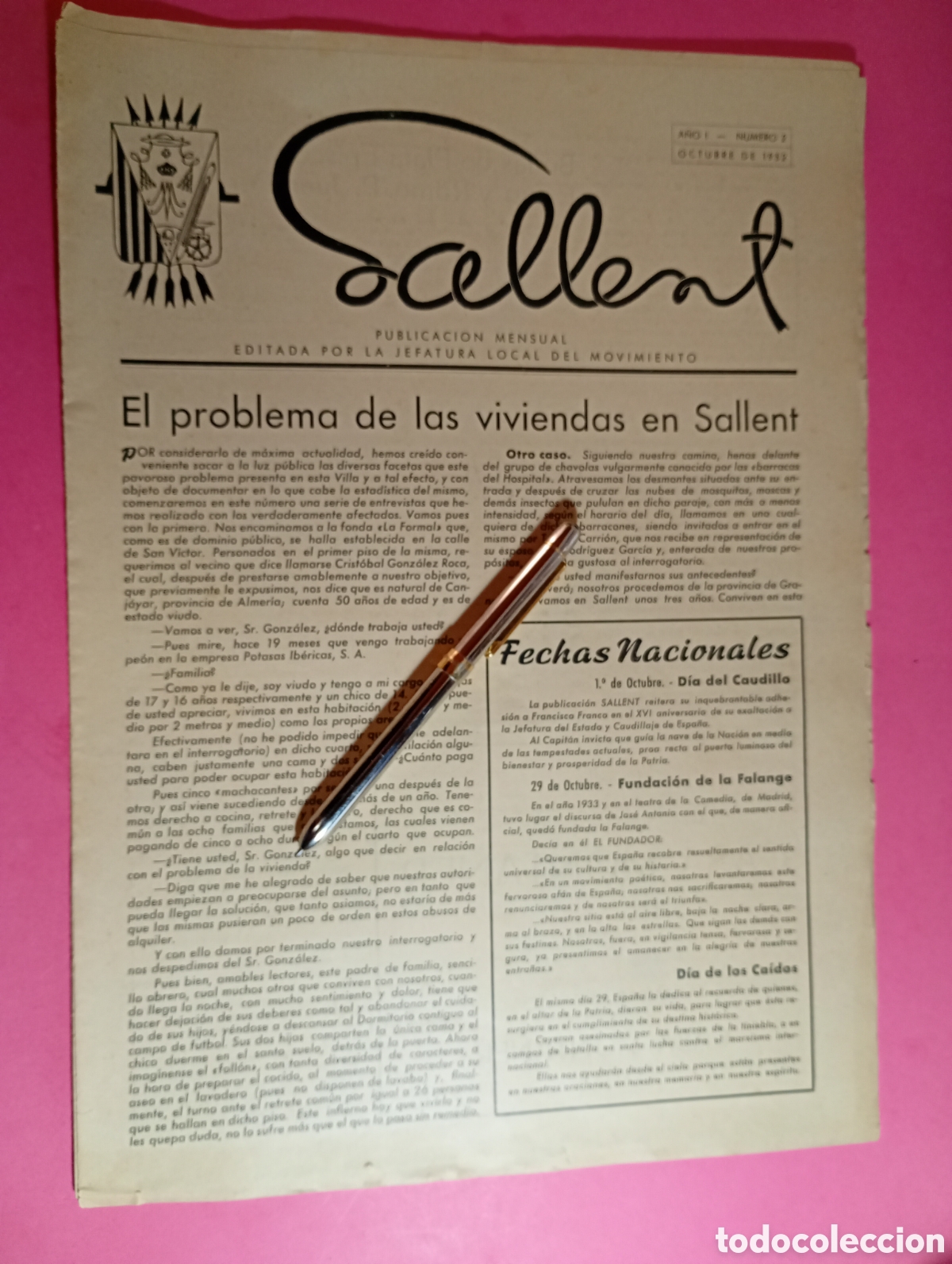 Coleccionismo de Revistas y Peri&oacute;dicos: SALLENT 1952/10 N&Uacute;MERO 2 PUBLICACI&Oacute;N MENSUAL EDITADA POR LA JEFATURA LOCAL DEL MOVIMIENTO