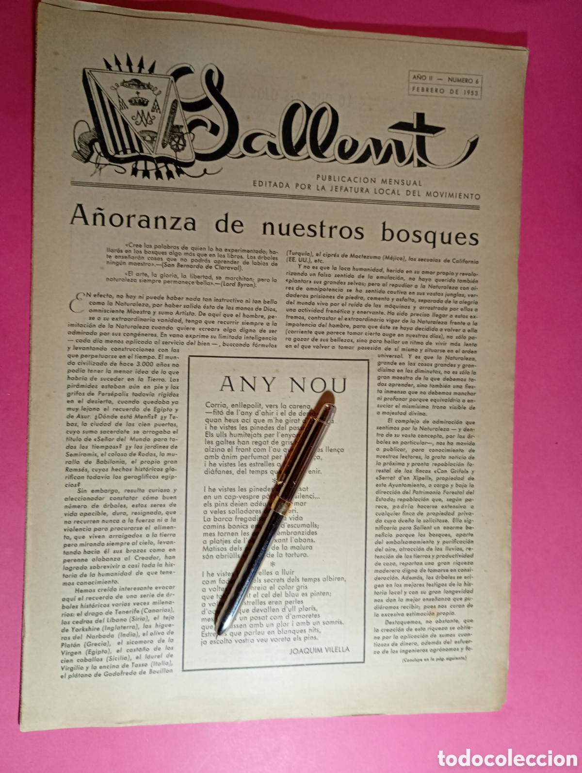 Coleccionismo de Revistas y Peri&oacute;dicos: SALLENT 1953/2 N&ordm; 6 EDITA LA JEFATURA LOCAL DEL MOVIMIENTO EN CENTRO 1&ordf; PLANA POEMA EN CATAL&Agrave;!!!