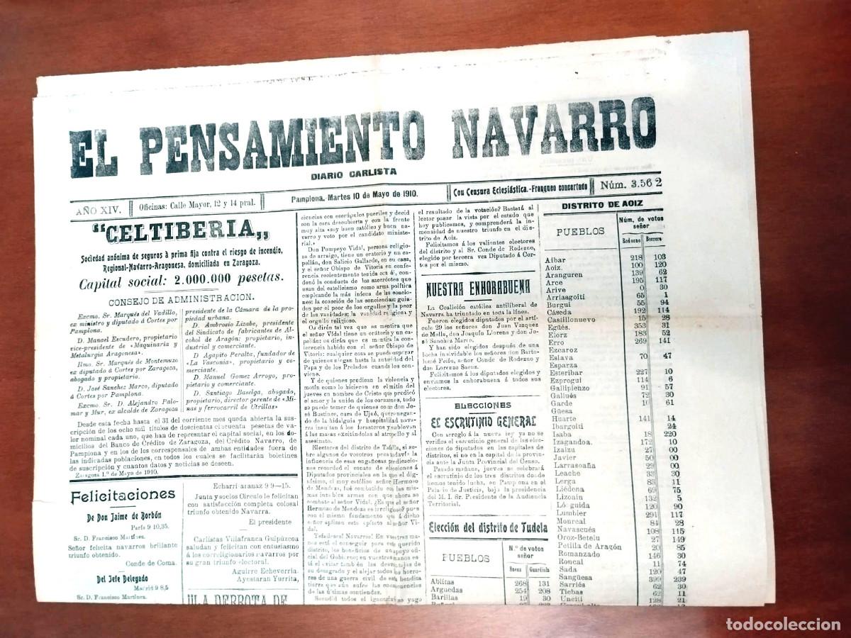 Sammeln von Zeitschriften und Zeitungen: PERIODICO EL PENSAMIENTO NAVARRO DIARIO CARLISTA 10 DE MAYO 1910 NUMERO 3562