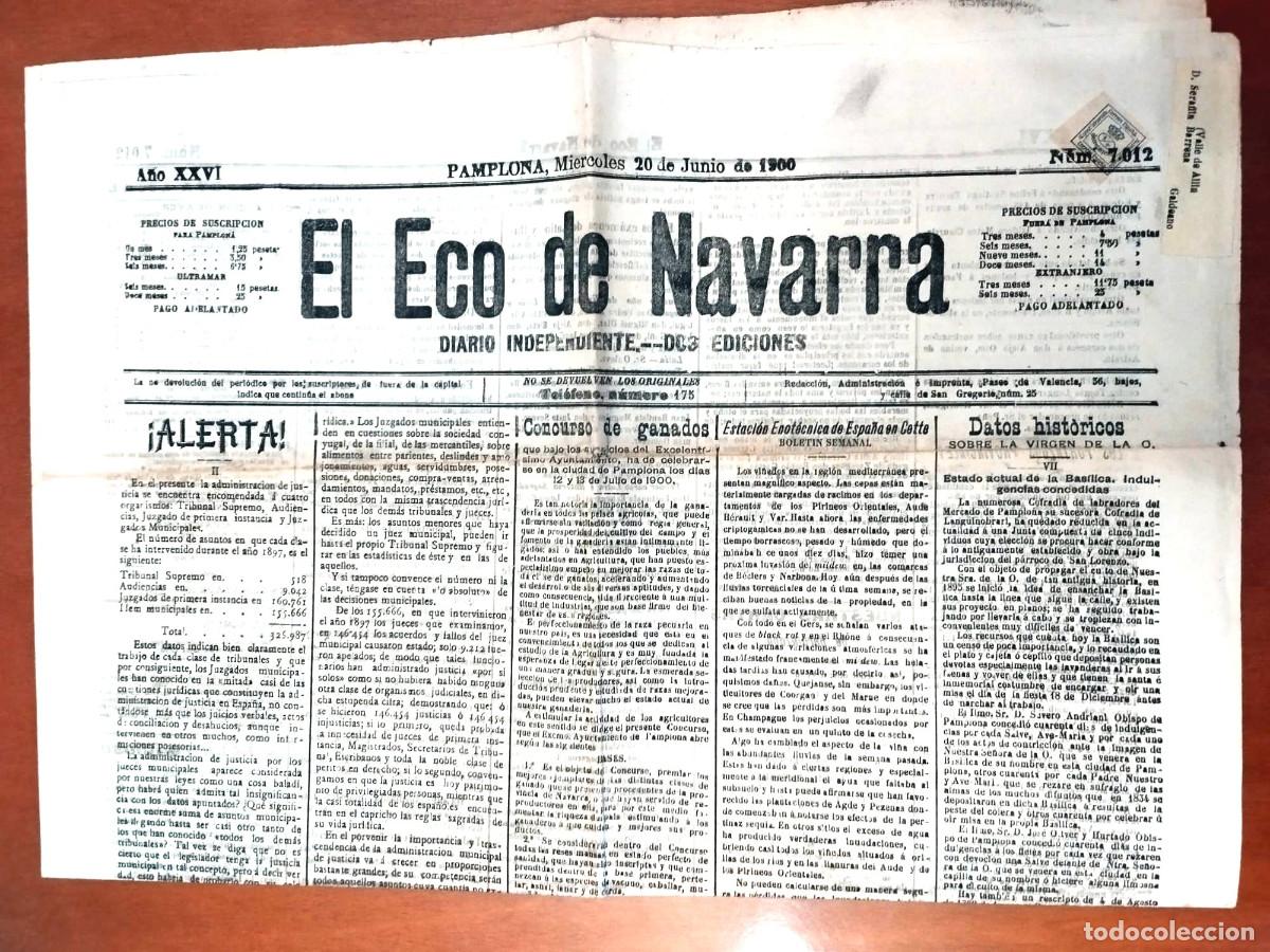 Sammeln von Zeitschriften und Zeitungen: EL ECO DE NAVARRA DIARIO CARLISTA INDEPENDIENTE DE 20 JUNIO DE 1900 N-7012