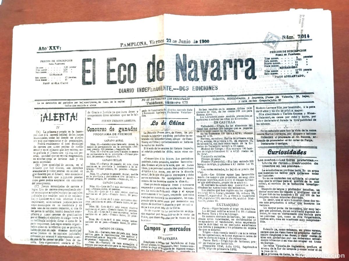 Sammeln von Zeitschriften und Zeitungen: EL ECO DE NAVARRA DIARIO CARLISTAS INDEPENDIENTE DE 22 JUNIO DE 1900 N-7014