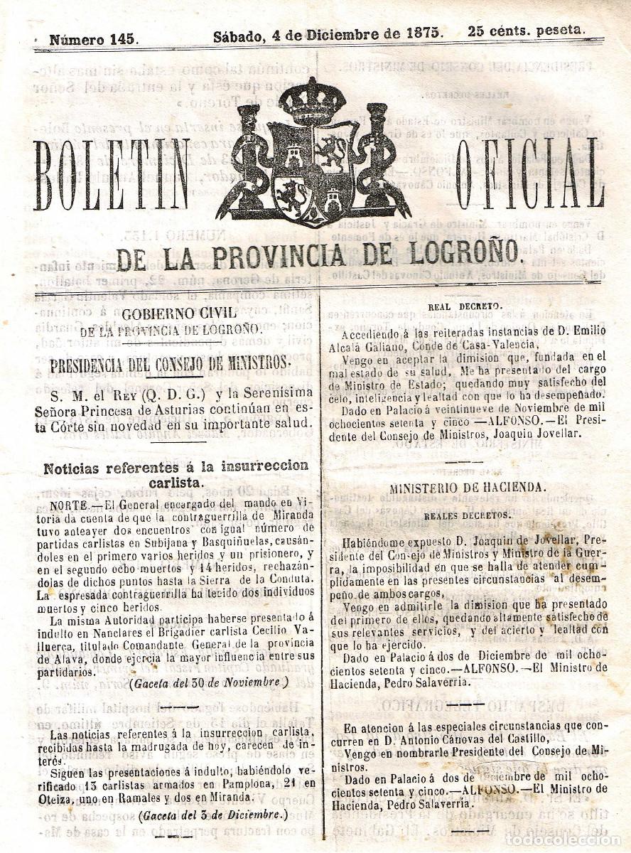 Coleccionismo de Revistas y Peri&oacute;dicos: BOLETIN LOGRO&Ntilde;O 145 DE 4 DICIEMBRE 1875.NOTICIAS CARLISTAS PAGINAS 353.356
