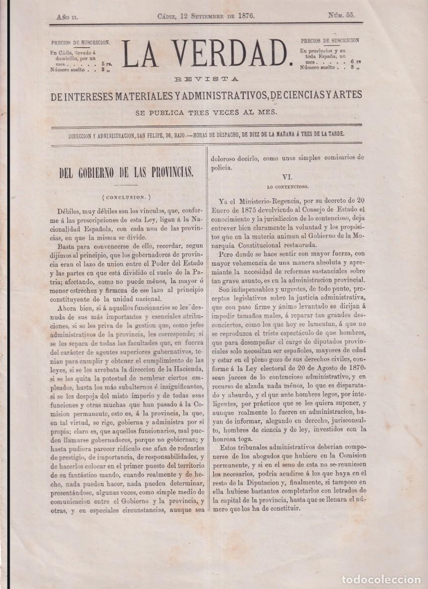 Coleccionismo de Revistas y Peri&oacute;dicos: CADIZ - LA VERDAD N&ordm; 55 - 1876 - REVISTA INTERESES MATERIALES ADMINISTRATIVOS CIENCIAS ARTES - LEER