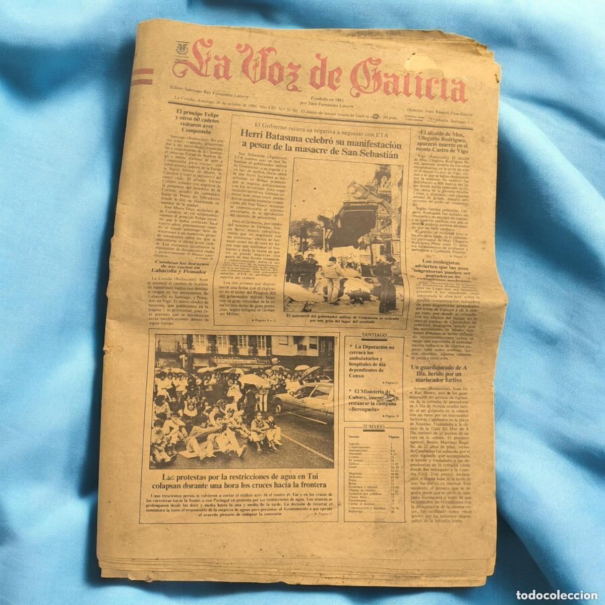 Coleccionismo de Revistas y Peri&oacute;dicos: Antiguo Peri&oacute;dico La Voz De Galicia 26 De Octubre De 1986 &ndash; Portada Hist&oacute;rica Sobre ETA
