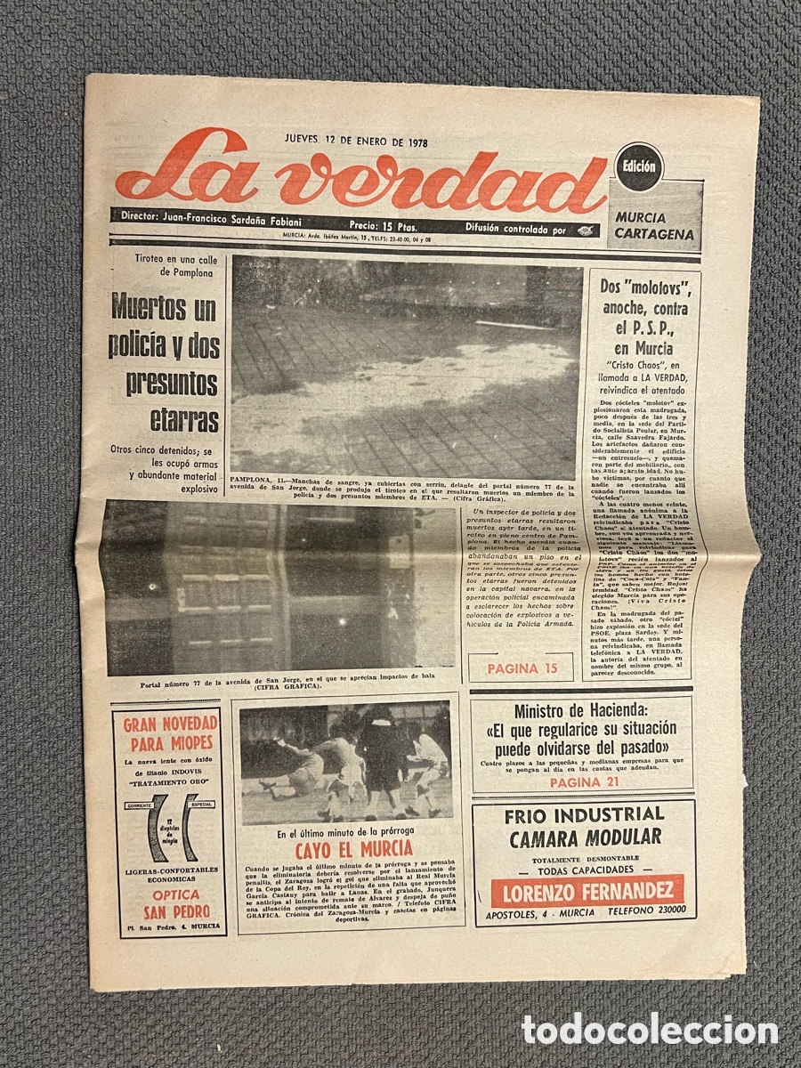Collection Magazines and Newspapers: LA VERDAD de Murcia. Tiroteo en Pamplona. Muertos un policia v dos presuntos etarras (a.1978)