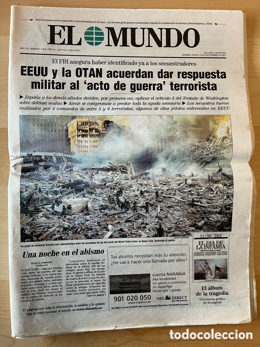 Collezionismo di Riviste e Giornali: EL MUNDO 13 SEPTIEMBRE 2001. Dos d&iacute;as despu&eacute;s del 11S.