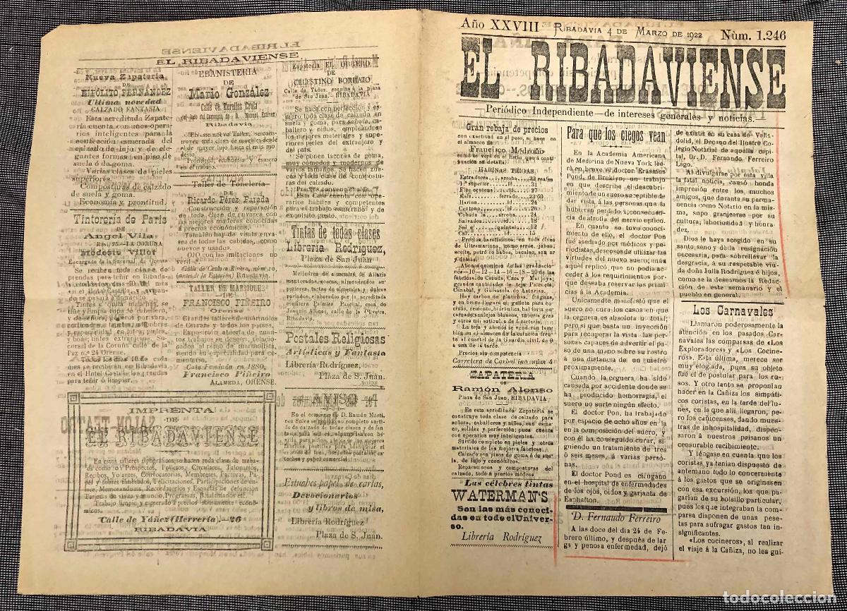 Coleccionismo de Revistas y Peri&oacute;dicos: PERIODICO INDEPENDIENTE EL RIBADAVIENSE. RIBADAVIA, ORENSE, 4 DE MARZO DE 1922. N&ordm; 1246. RARO