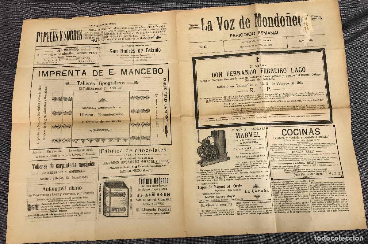 Coleccionismo de Revistas y Peri&oacute;dicos: PERIODICO LA VOZ DE MONDO&Ntilde;EDO. LUGO. N&ordm; 1066, 22 DE FEBRERO DE 1923. RARO