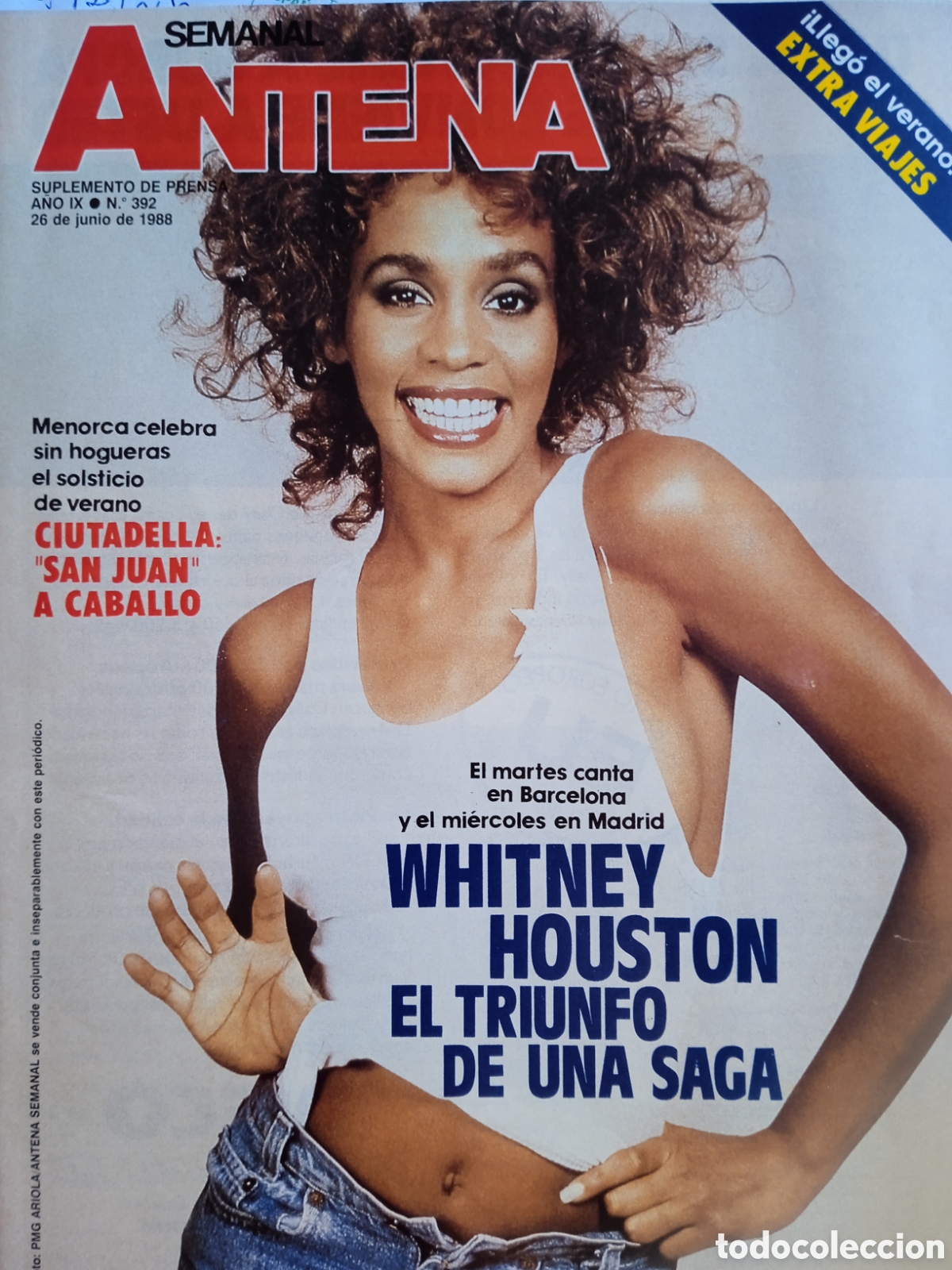 Coleccionismo de Revistas y Peri&oacute;dicos: Antena Semanal 392 Whitney Houston Portada y reportaje Menorca Ciutadella