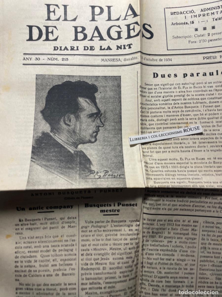 Coleccionismo de Revistas y Peri&oacute;dicos: MANRESA - PUBLICACI&Oacute;N EL PLA DE BAGES DIARI DE NIT ANY 30 N&ordm;215 - 13 D'OCT. 1934 PABLO PICASSO -