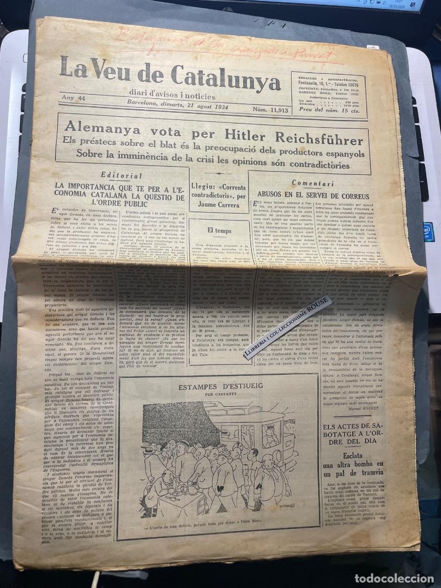 Collection Magazines and Newspapers: ANTIGUA PUBLICACI&Oacute;N - LA VEU DE CATALUNYA - ANY 44 BARCELONA DIMARS 21 AGOST 1934 N&ordm; 11913 ALEMANIA