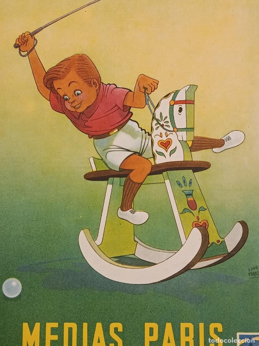 Coleccionismo de Revistas y Peri&oacute;dicos: 1950&rsquo;s Moda Fashion Medias Paris. Ni&ntilde;o jugando a gold en caballito madera. Hoja revista. Vintae adve