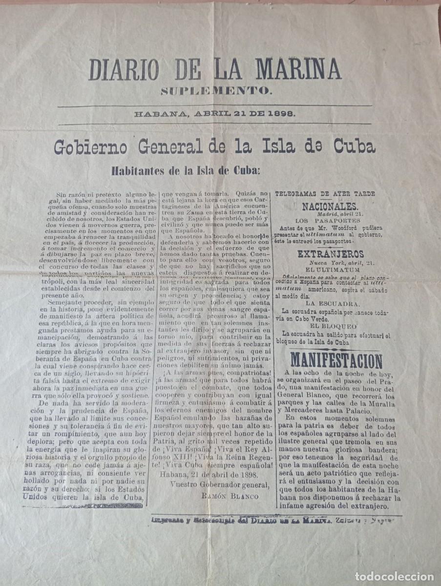 Coleccionismo de Revistas y Peri&oacute;dicos: CUBA ESPA&Ntilde;OLA DIARIO DE LA MARINA GUERRA DE CUBA ABRIL DE 1898 RAMON BLANCO ULTIMATUM ESTADOS UNIDOS