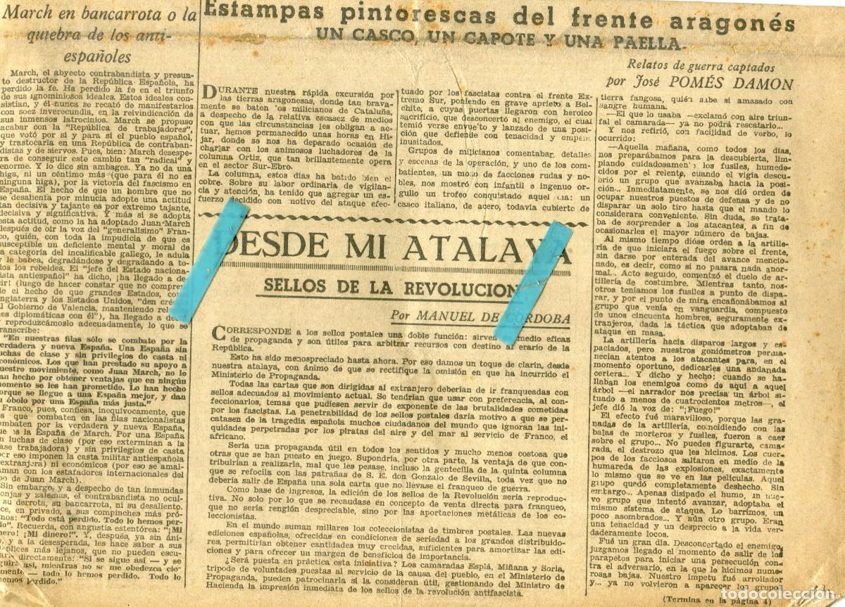 Coleccionismo de Revistas y Peri&oacute;dicos: PERIODICO A&Ntilde;O 1937 BACA MARCH EN BANCARROTA JOSE POMES DAMON FUNCION SELLOS DE CORREOS LA REPUBLICA