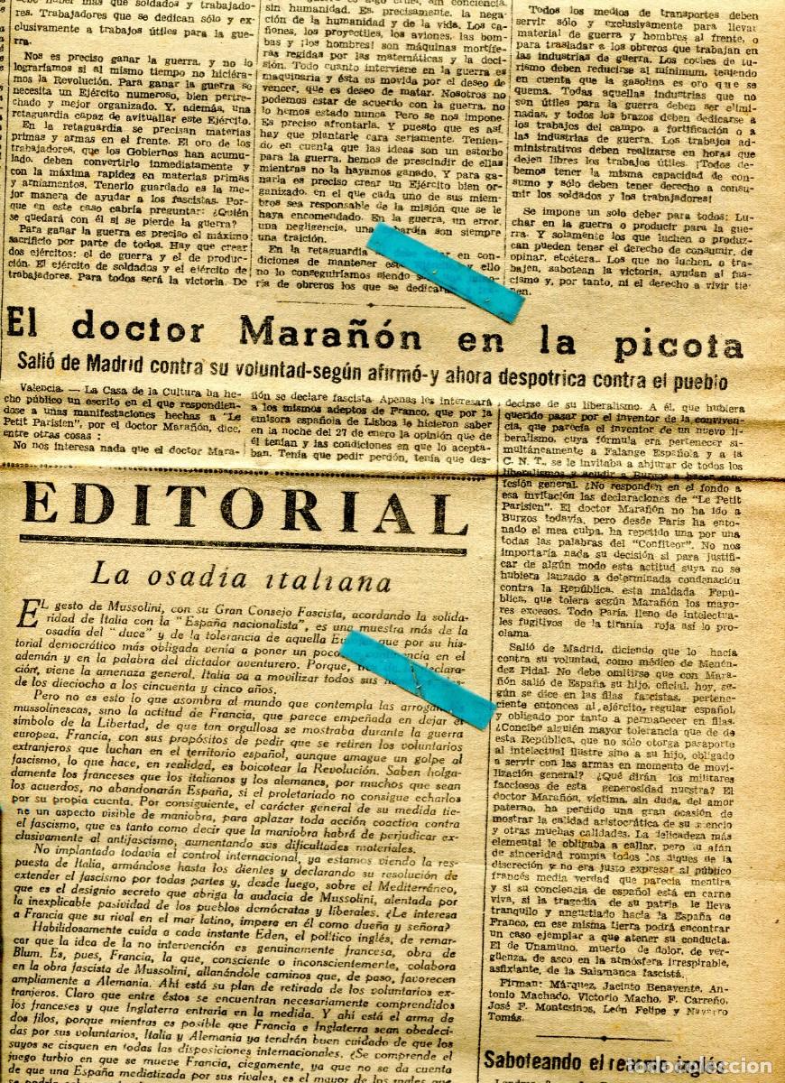 Coleccionismo de Revistas y Peri&oacute;dicos: PERIODICO A&Ntilde;O 1937 DOCTOR GREGORIO MARA&Ntilde;ON GUERRA CIVIL EN QUINTO MEDINA DEL CAMPO SARI&Ntilde;ENA
