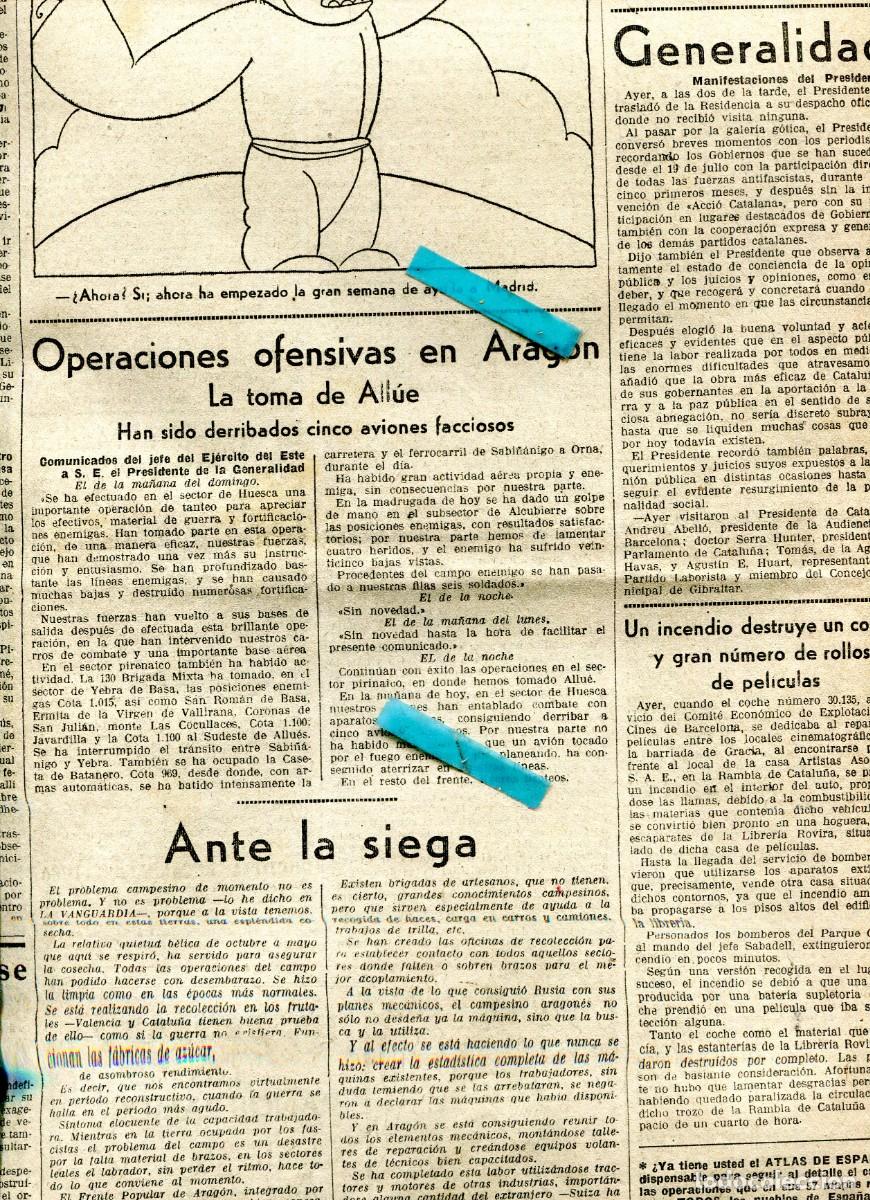 Coleccionismo de Revistas y Peri&oacute;dicos: VANGUARDIA A&Ntilde;O 1937 GUERRA CIVIL EN ALLUE SAN ROMAN DE BASA VALLIRANA COSCULLACES CASETA BATANERO