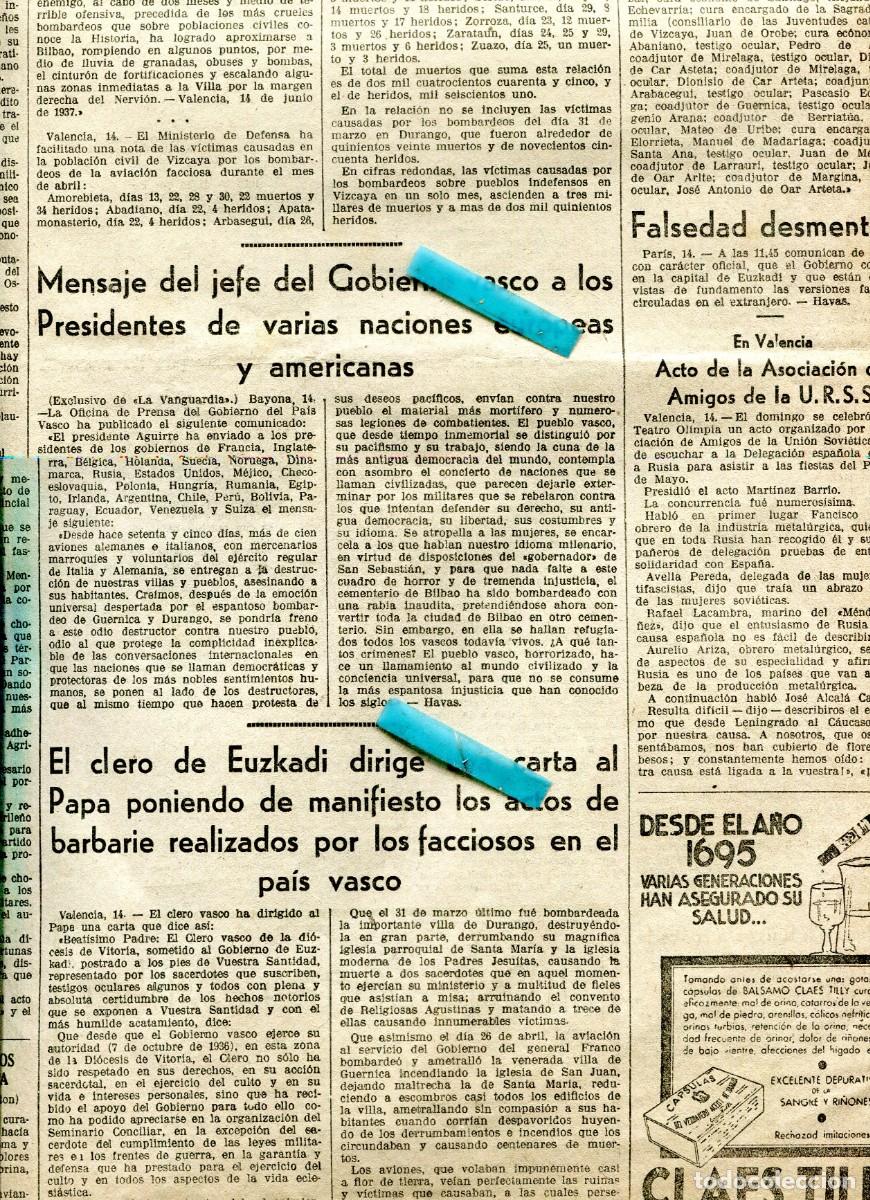 Coleccionismo de Revistas y Peri&oacute;dicos: PERIODICO A&Ntilde;O 1937 GUERRA CIVIL GOBIERNO VASCO EL CLERO DE EUZKADI HABLA DE LA BARBARIE AL PAPA